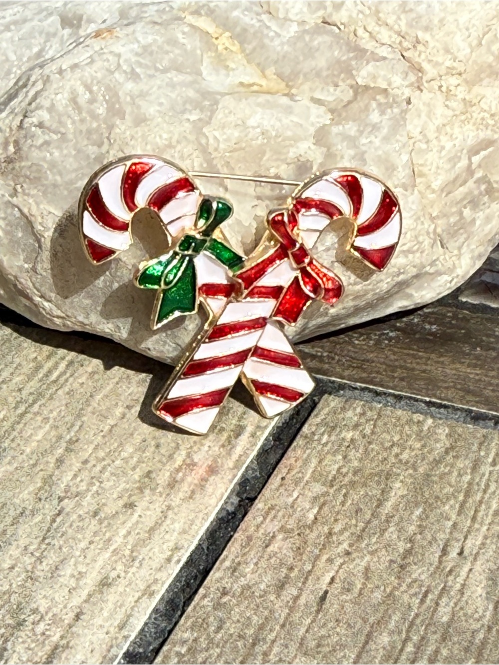 NWT Festive Candy Cane Crossed Brooch with Red, White & Green Enamel